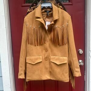 NWT Brown Faux Suede Western Fringe Boho Jacket, Lined, Studded Trim, Size XS